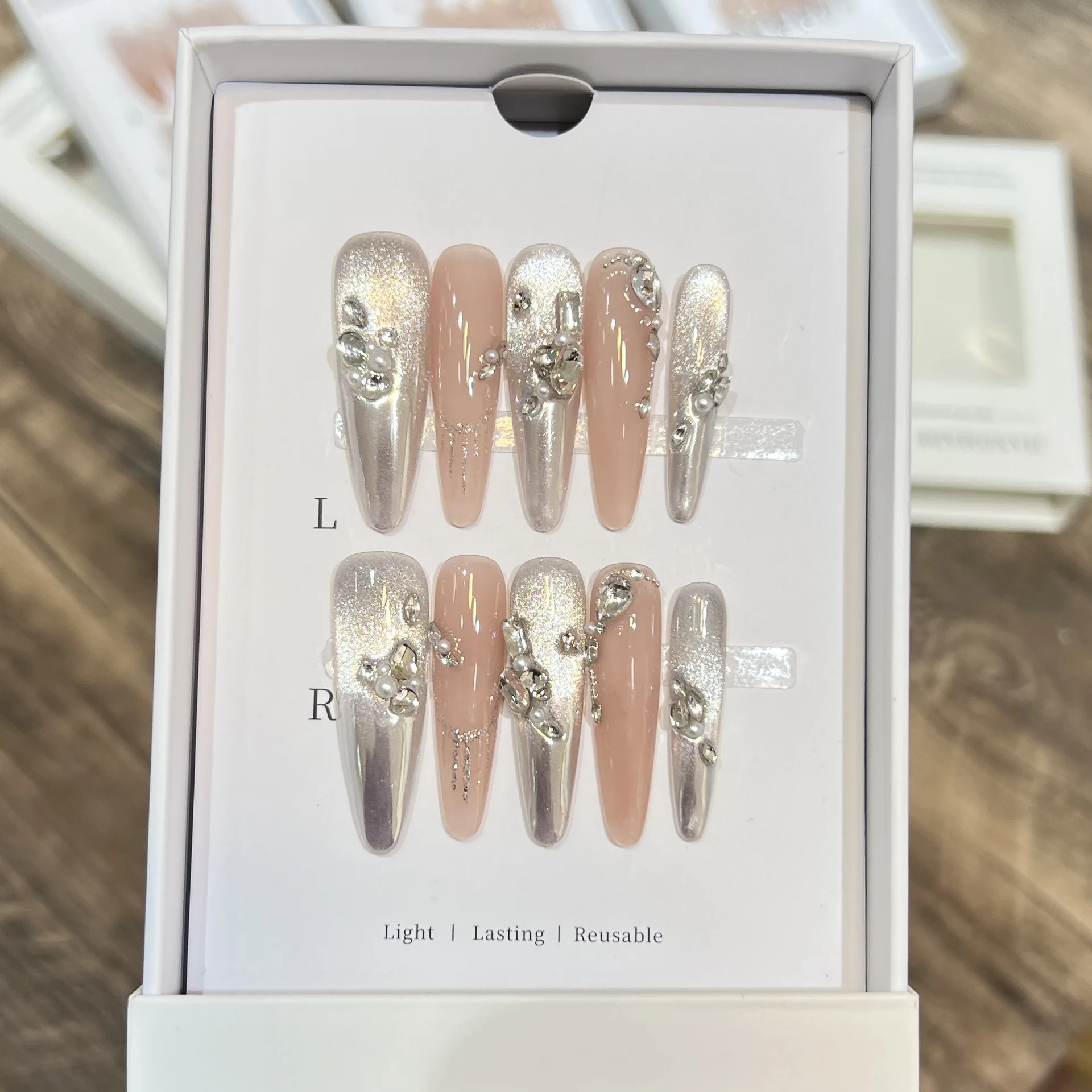 10pcs Long Green French Almond Handmade Press on Nails Cat Eye Fake Nails Summer False Nails Wearable Nail 네일팁 Накладные Ногти