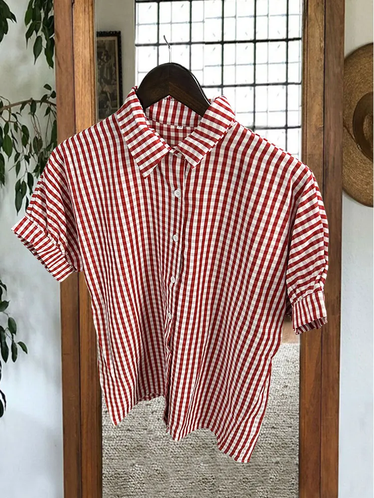 Check Dolman Sleeve Top Red Linen Drop shoulder Balloon sleeves Blouse Shirt Jacket Boxy Notched Lapel Collar Shirts