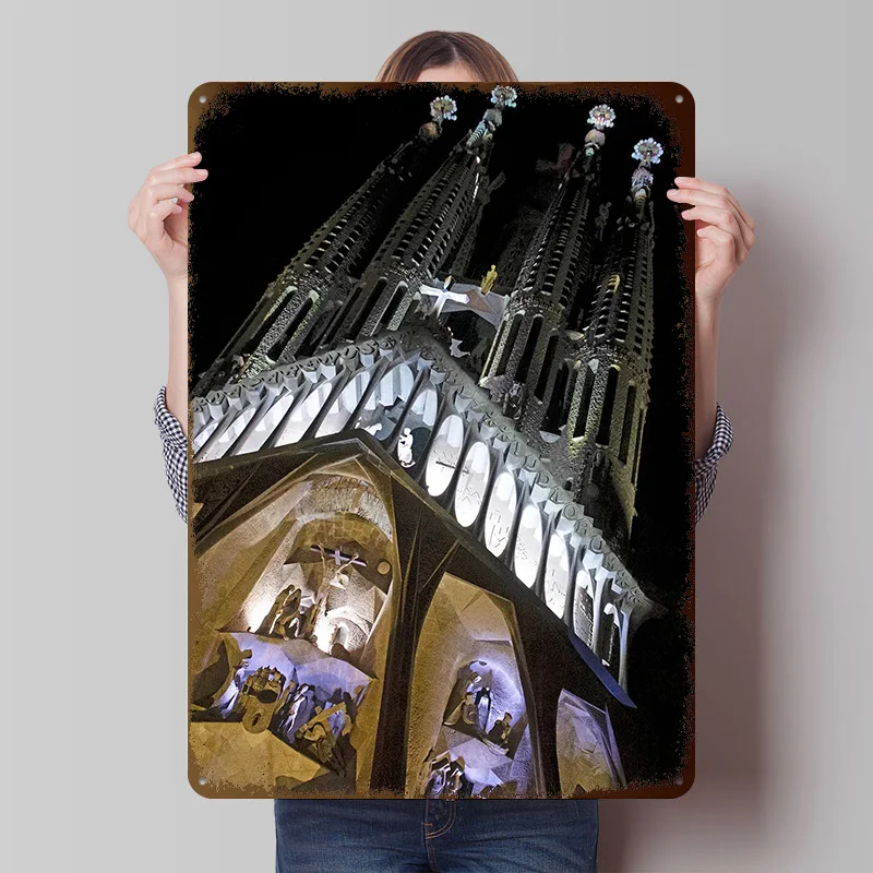 Sagrada Familia At Night Tin Poster Customized Wall Art Retro Vintage Metal Signs for Fans Room Bedroom Decoration Aesthetic