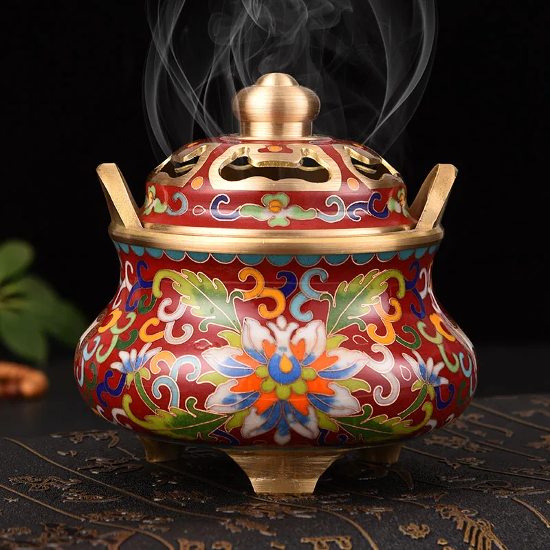 Jingtailan Cloisonne Enamel Incense Burner Pure Copper Handmade Vintage Scented Censer for Home Meditation Yoga Zen Decor Gift