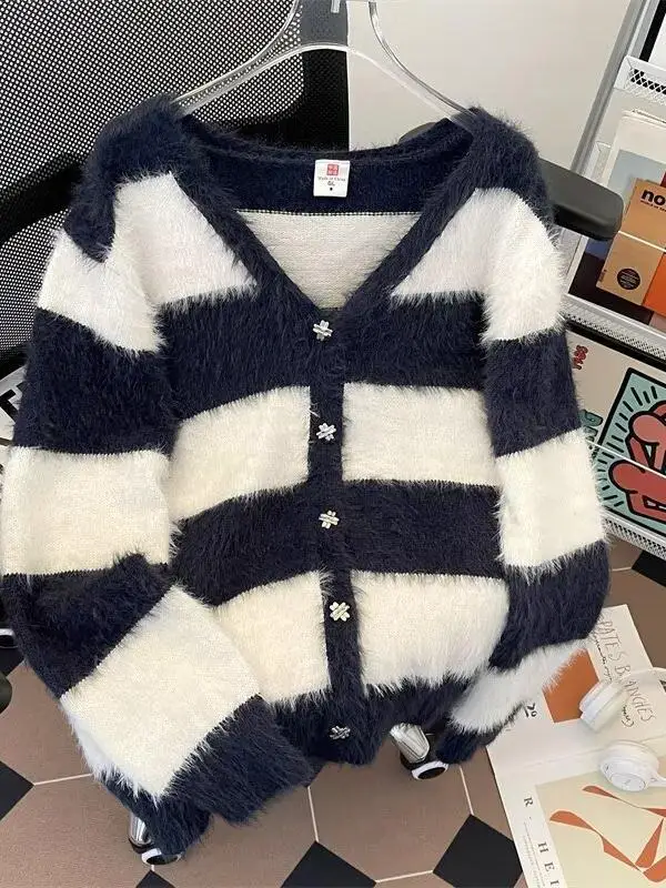 

American Retro Striped V-Ne Open Cardigan Sweater Men Women Autumn Winter Soft Cozy Trendy Knitted Outerwear Casual Sle