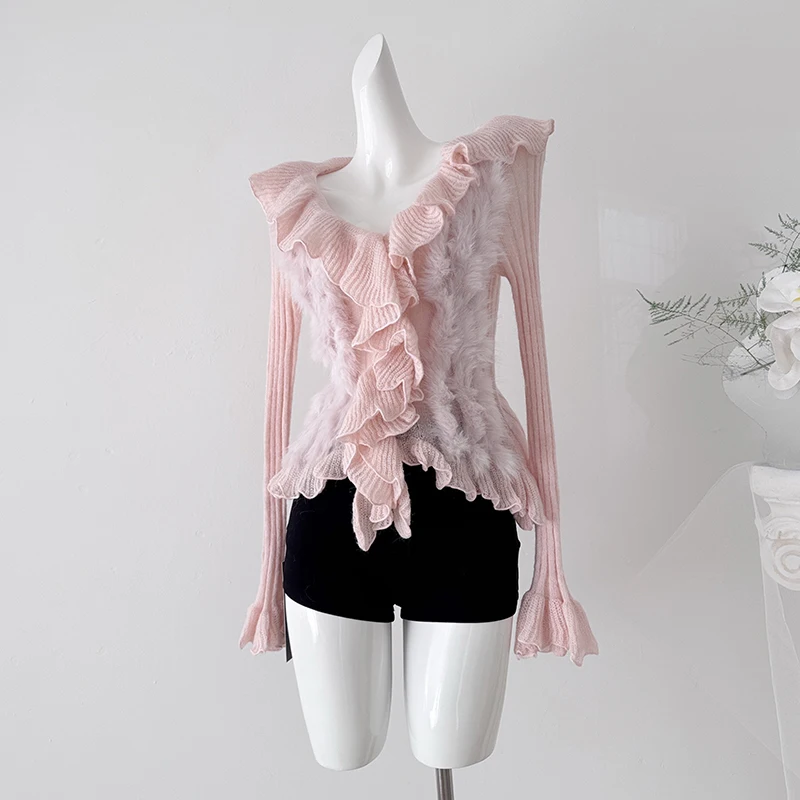 Elegant V-neck Ruffles White Sweater Women Long Sleeve Slim-fit Short Tops Knitted Cardigans with Environmentally Friendly Fur