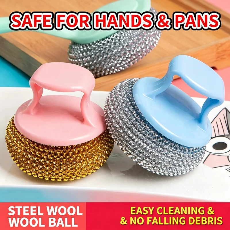 1/5 Pcs Non Damaging Pot Cleaning Ball PET Ball Non Steel Wire Ball Pot Brush Kitchen Belt Handle Plastic Steel Replaceable Ball