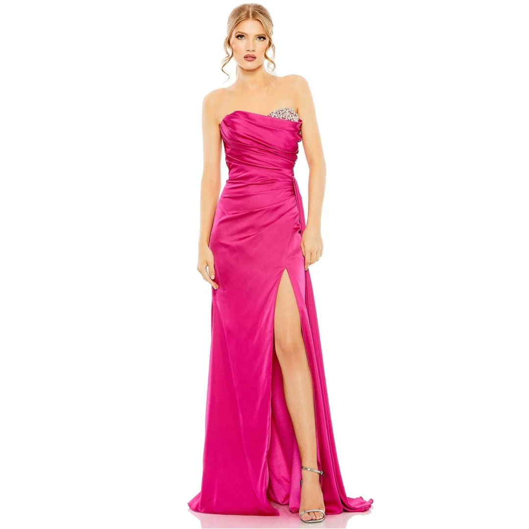 Robe de Soirée en Satin Sans Bretelles avec Cristaux pour Femme, Élégante, Plissée, Fente Latérale, pour Cocktail, ixde Mariage