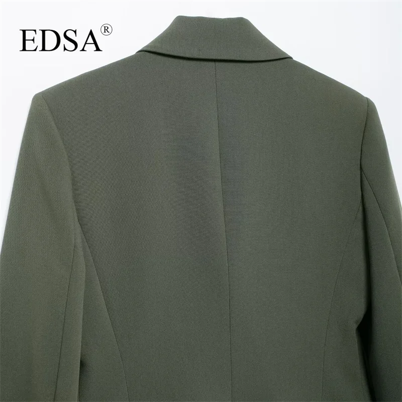 EDSA Women Fashion Double Breasted Blazer Jacket with Flap Pockets for Office Lady Long Sleeves Solid Color Coat Outerwear