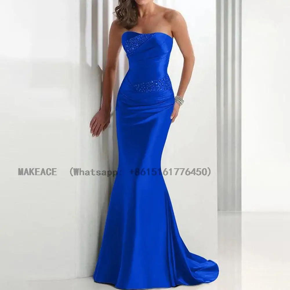 Blue Bridesmaid Dresses Mermaid Satin Beaded Strapless Elegant Vestidos Women For Wedding Party Sexy Evening Gown Customized