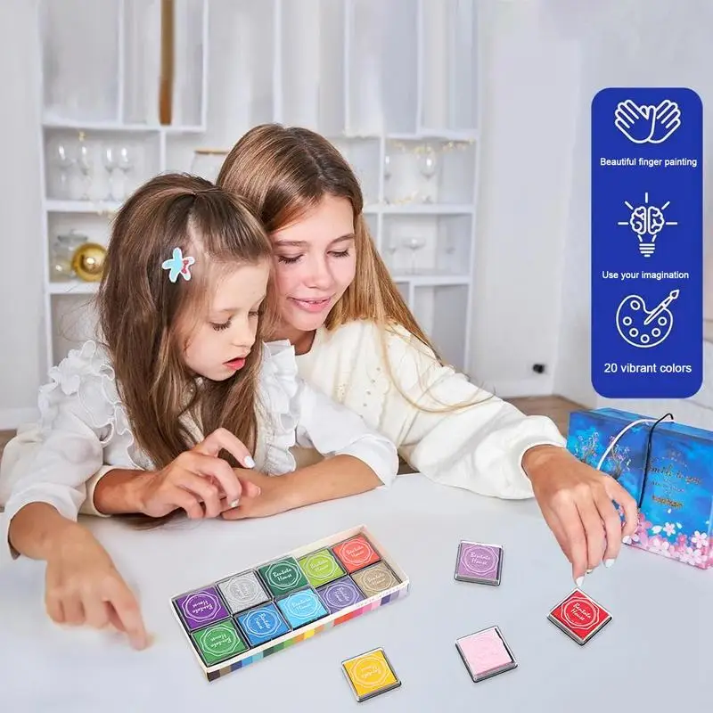 Stamp Ink Pads For Kids 20 Colors Rainbow Finger Ink Pad Washable Waterproof DIY Water-based Ink Pads 1.57x1.57In Water-Based