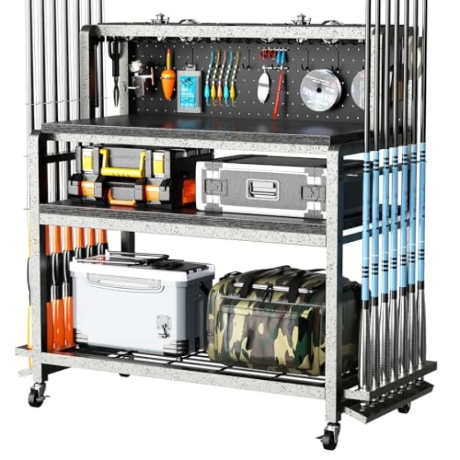 

Держатели для удочек для гаража: большая универсальная стойка для удочек с крючками, верхней корзиной для хранения и колесами, прочная, простая в сборке