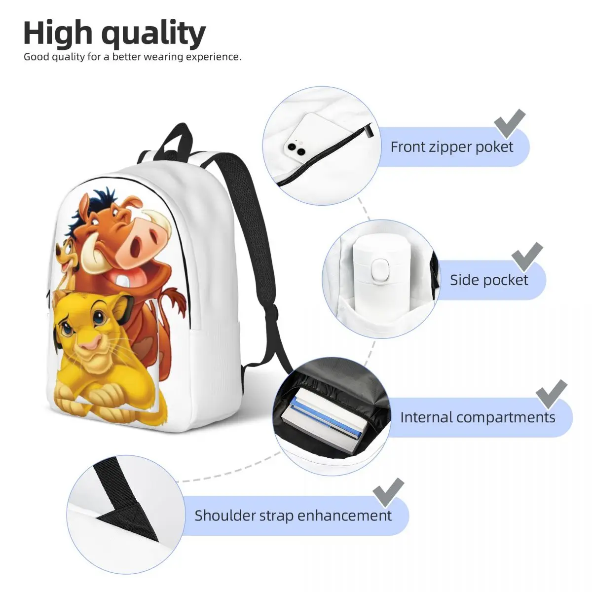 Le roi Lion Simba Timon et Pumbaa sac à dos pour hommes femmes lycée travail sac à dos ordinateur portable sac à bandoulière en plein air