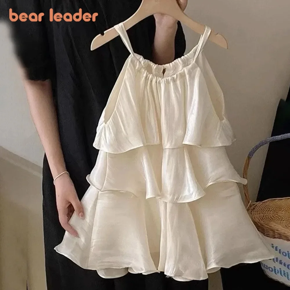 Bear Leader Beige Girls Dresses Summer Korean Version Solid Color Children's Clothing Sleeveless Patchwork Suspender Dress