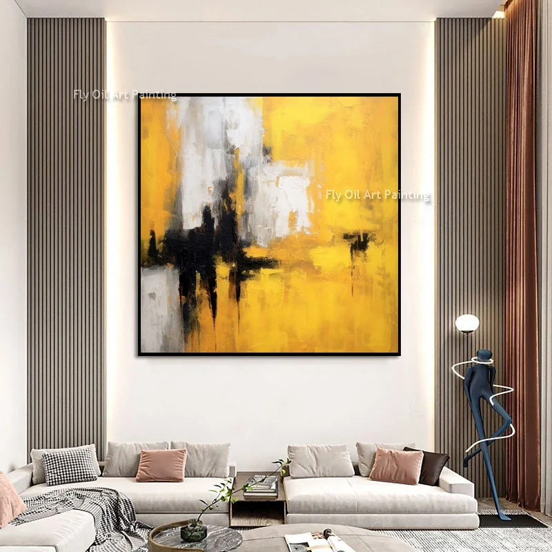 Thick Impasto Hand Painted Abstract Wall Art, Yellow Black Spliced Oil Canvas, Modern Sofa Background Decor