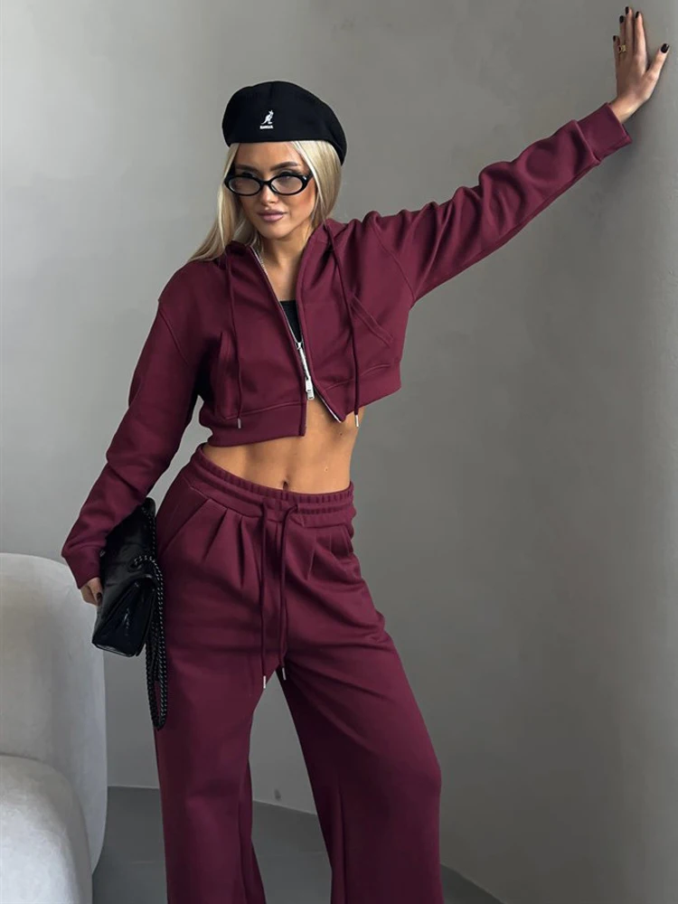 

FSMG Fashion Hooded Short Sweatshirt Pants Set Solid Long Sleeved Zippers Cardigan jacket Lace-up Sportswear Lady Two Pieces Set