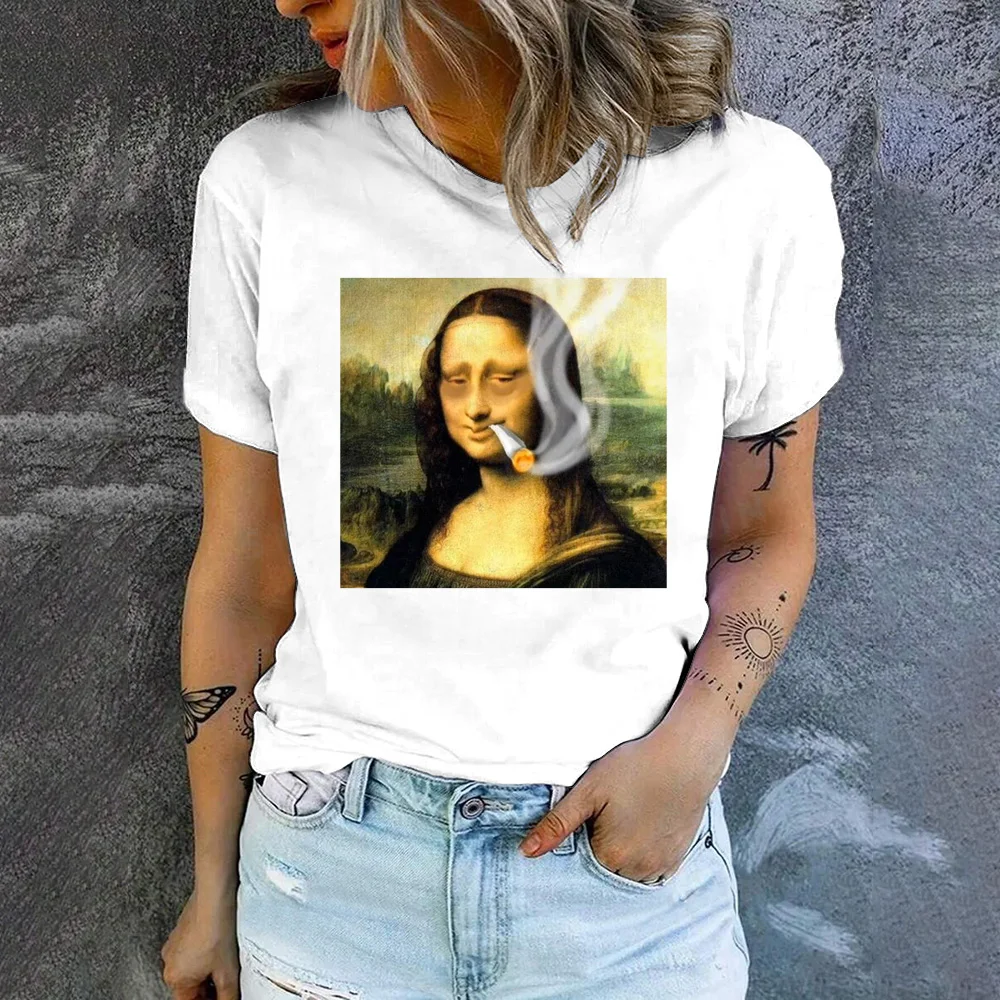 2024 Women\'s T-shirt Artistic Funny Pattern Mona Lisa Printing T-shirt Summer Leisure Women\'s Popular Short Sleeved T-shirt