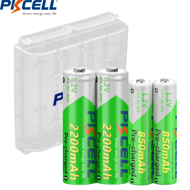 4PC PACK PKCELL 2PC AAA 850mah Battery and 2PC AA 2200MAH 3A 1.2V Ni-MH Batteries low self discharge with AA/AAA battery holder