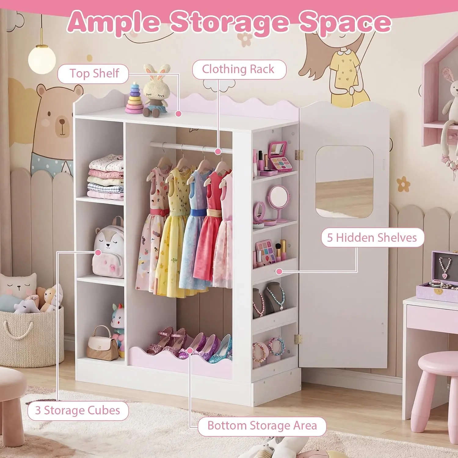Storage Wardrobe with Mirror & Open Hanging Rack, Shelves Cabinet for Bedroom Playroom Preschool, Customized view 4