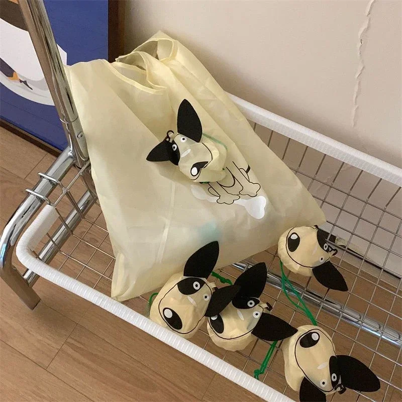 1Pc Cute Cartoon Dog Foldable Reusable Polyester Drawstring Shopping Bag Girls Portable Grocery Store Shop Tote Bag Shoulder Bag
