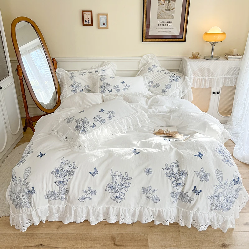 White Washed Cotton Bedding Sets Luxury Butterfly Print Lace Ruffles Duvet Cover Set Bedspread Bed Skirt Pillowcases Solid Color