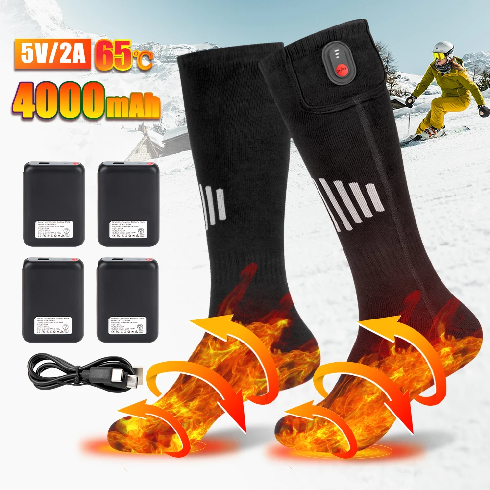 65 ℃ Beheizte Socken Winterwärme 5000 mAh USB wiederaufladbare Heizsocken Outdoor-Spots beheizte Stiefel Schneemobil-Skisocke