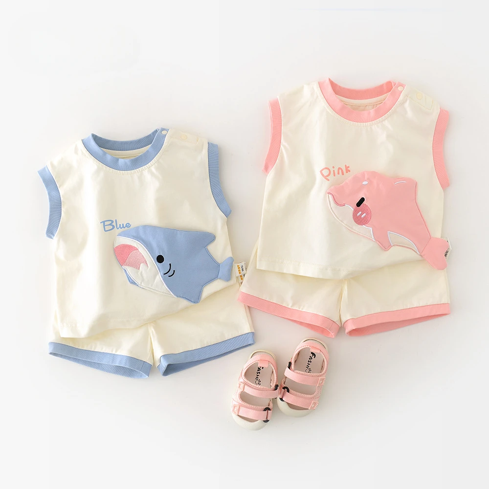 2025 Summer Baby Clothes Sets Cartoon Shark Tank Top Set Boys and Girls Vest and Shorts 2Pcs Kids Cotton Casual Outfit