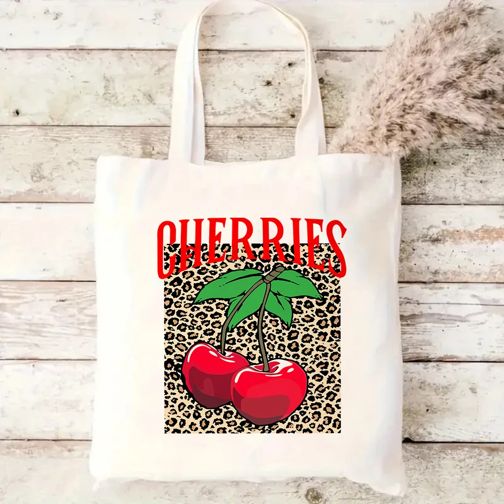 Leopard Print Cherries Canvas Tote Bag Casual Daily Shoulder Bag