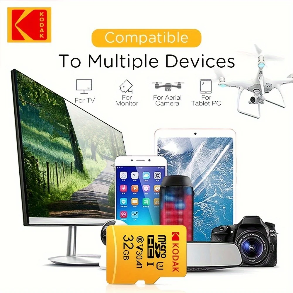 Kodak 32GB-256GB MicroSDCC Memory Card - U3, 4K, A1, UHS-I, C10, TF Memory Cards สําหรับกล้อง สมาร์ทโฟน และแท็บเล็ต