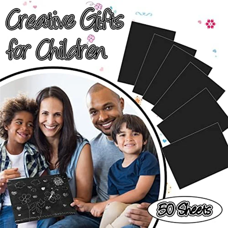

Scratch Paper Art Set, 50 Sheets 8X11in Black Coated Scratchboard Large Scratch Paper With Wooden Styluses And Stencils Durable-