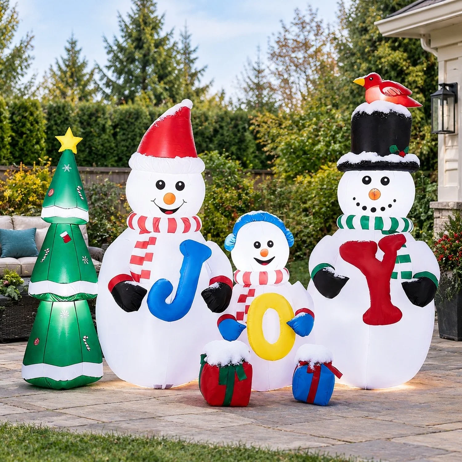 8FT Lighted Christmas Inflatable Decoration, Snowman Family with JOY and Xmas Tree, Funny Blow Up Yard Built-in LED for Holiday