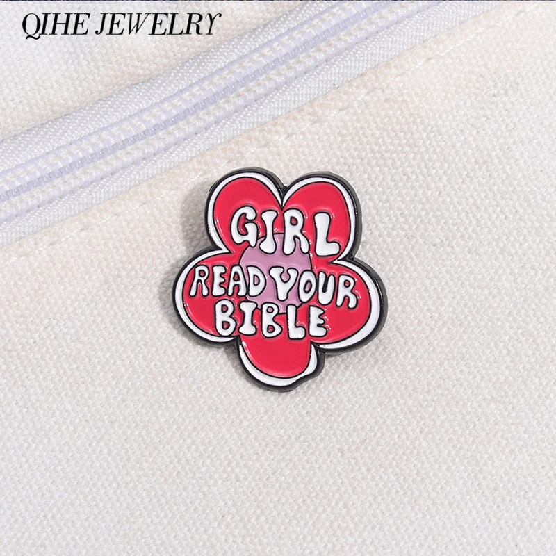 Creative Jesus Religious Faith Flower Brooch Enamel Pins Girl Read Your Bible Brooches Lapel Badge Funny Jewelry Accessories