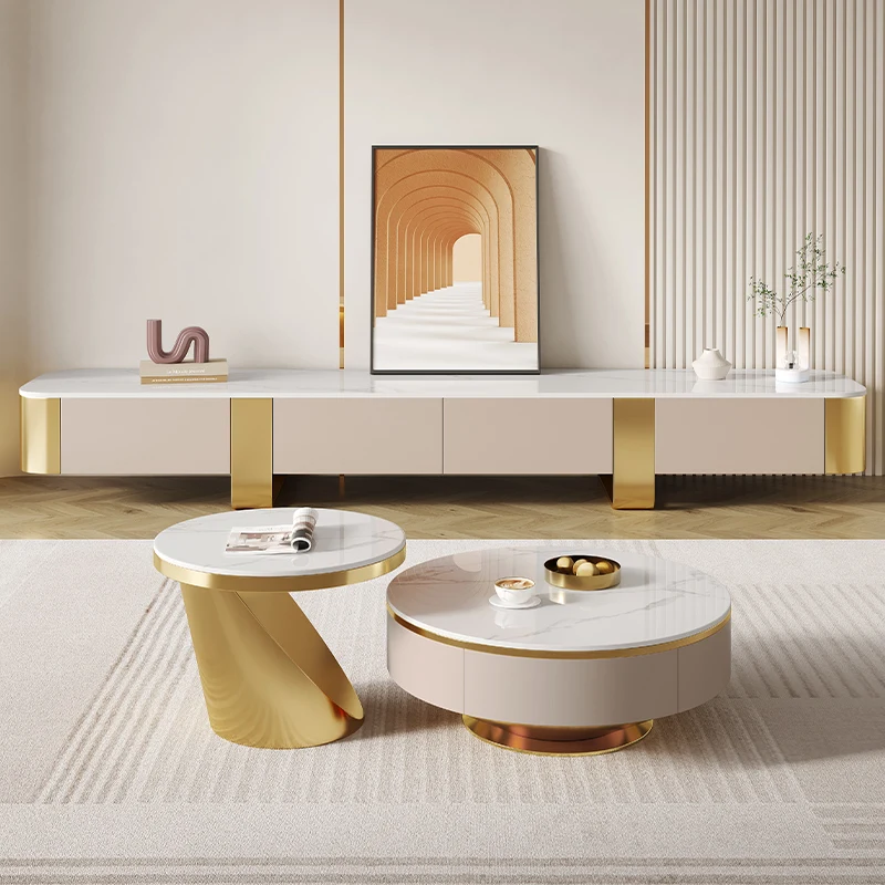 

Modern Luxury Marble Top Wooden Tv Stand and Coffee Table Set for Living Room Beige Console Floating Cabinet Furniture Design
