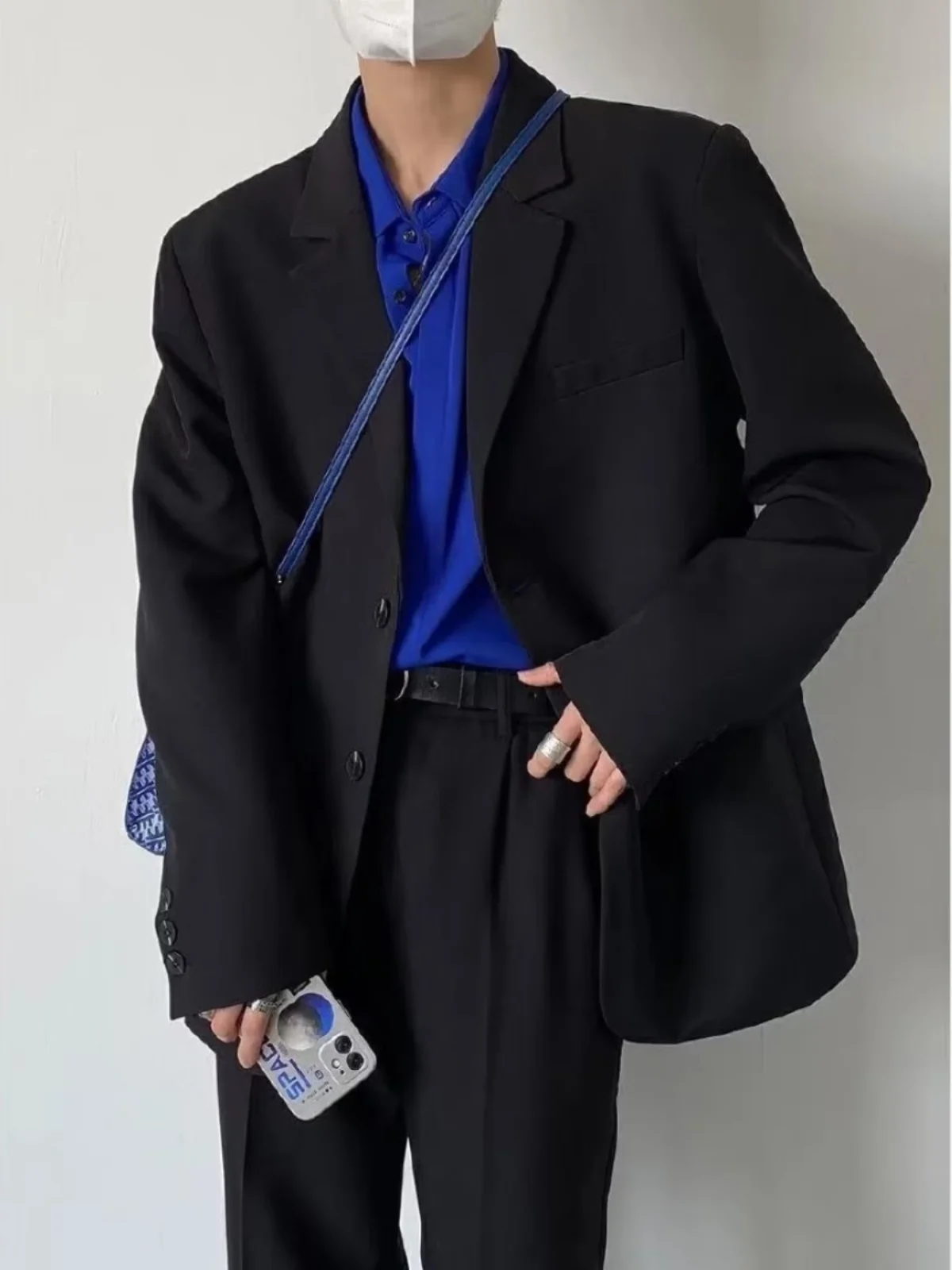 

Casual Men's Loose Fit Suit Jaet Busin Formal Korean Sle Trendy Student Casual Long Sve irt Stand Version