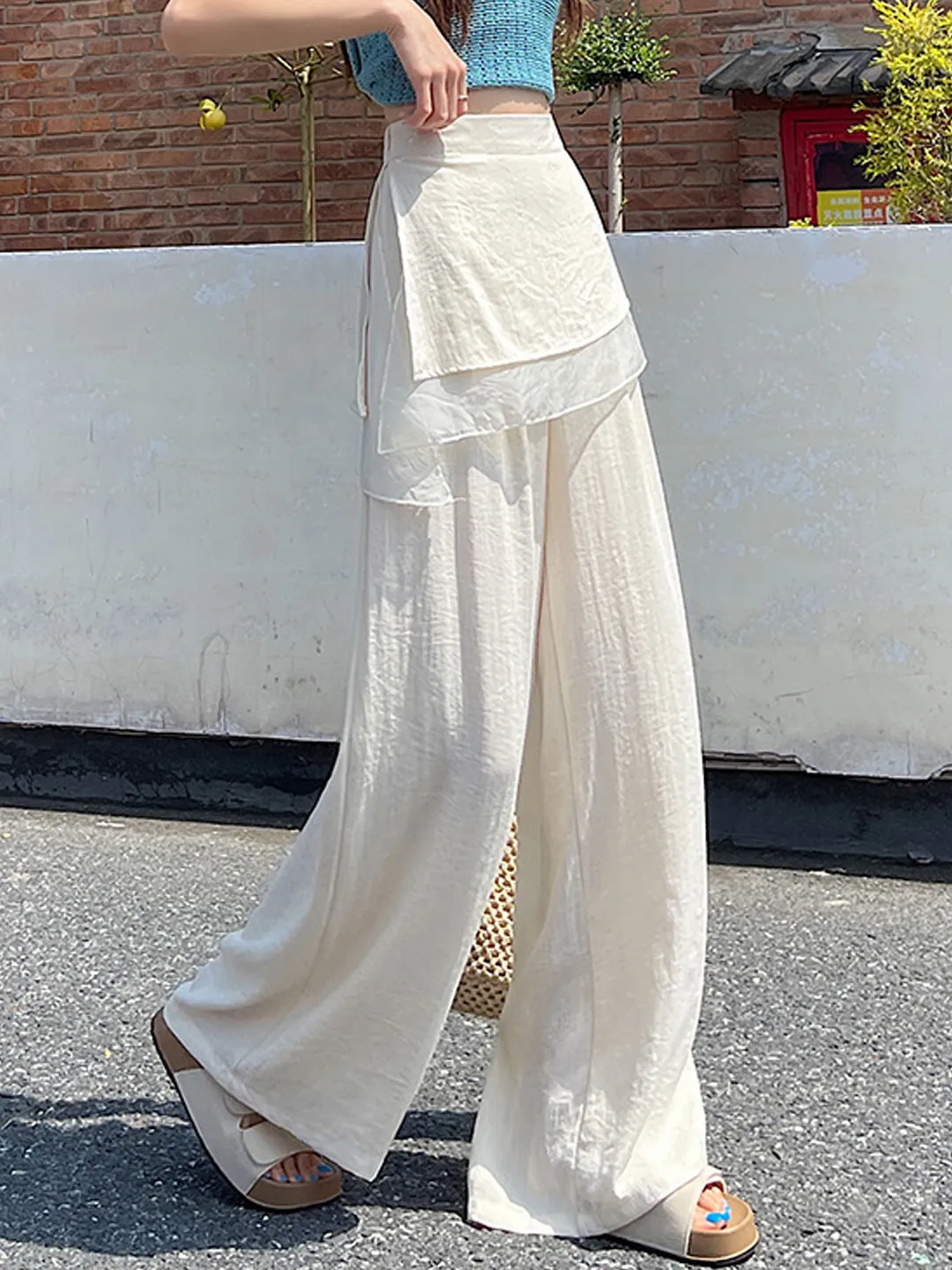 

Casual Wide Leg Pants Women's Summer 2026 New Style High Waist Elastic Waist Long Trousers Asymmetrical Design Linen Material