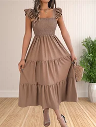 Women's Summer Boho Dress Casual Floral Print Spaghetti Strap Square Neck Long Maxi Dress Beach Sun Dress