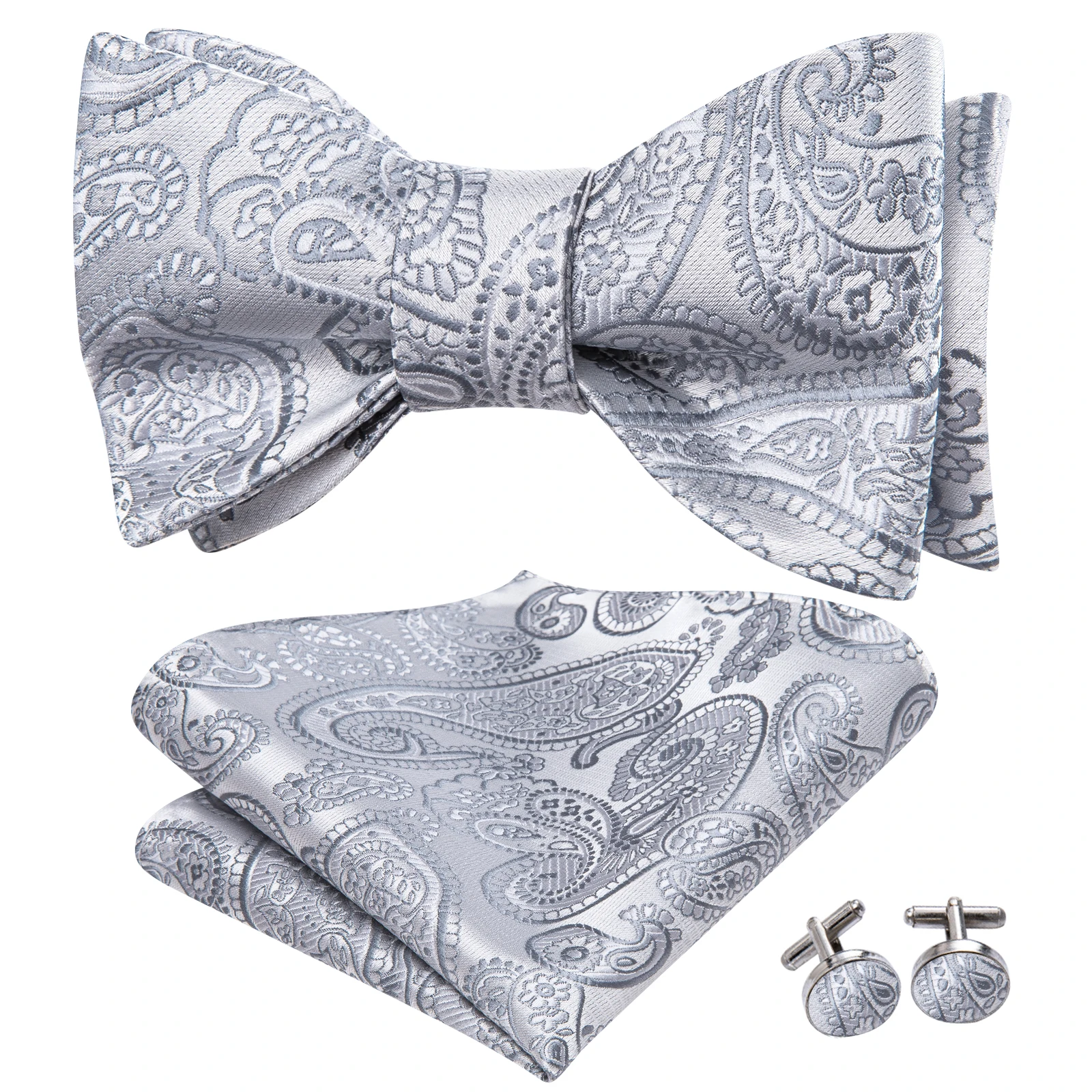 Hi-Tie Paisley Pajarita para hombre Gemelos Hanky Plata Gris Rosa Conjunto Floral Pre atado Mariposa Pajarita para hombre Boda Negocios