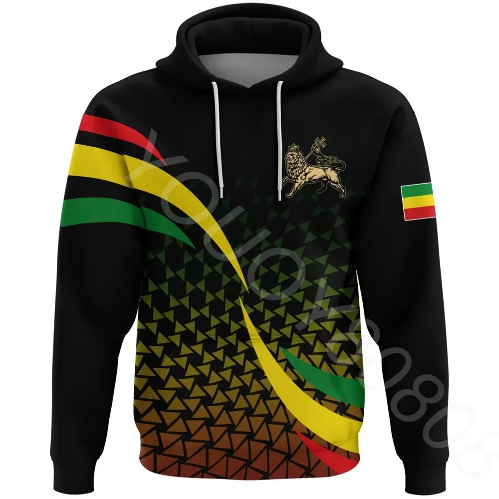 

2022 African Region Men's Sweatshirt Casual Loose Sports Wind Flag Print Ethiopia Rasta Lion Black Pullover