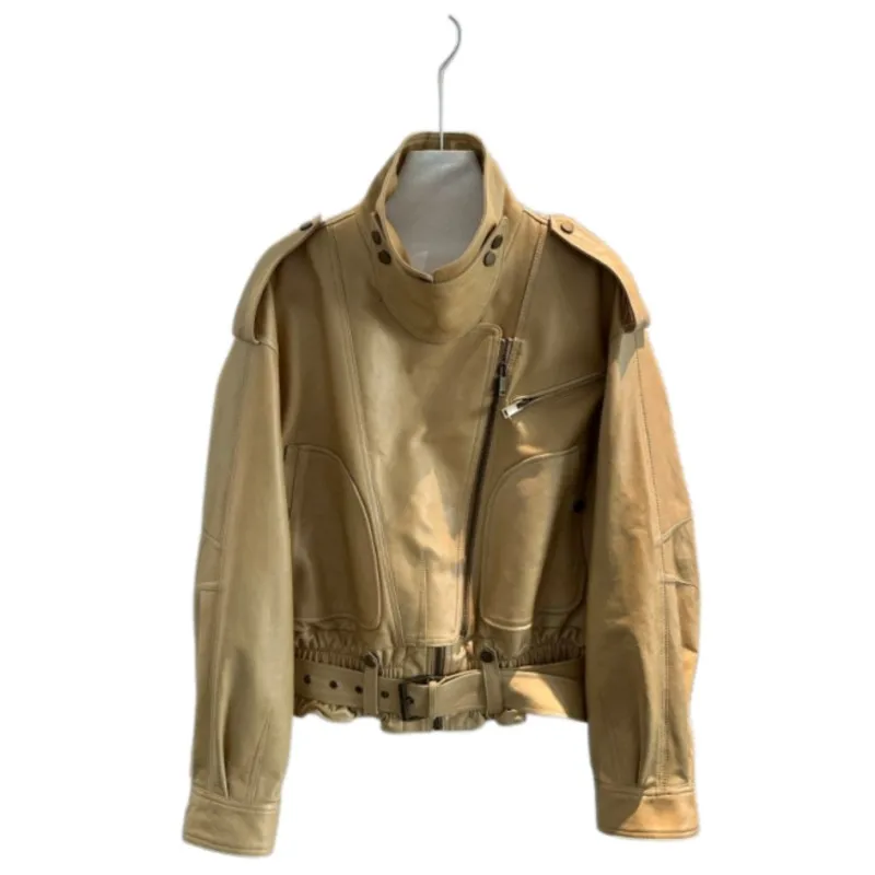 100% Genuine Lambskin Leather Jacket Women Oversized Biker Jacket Cropped Lapel Belted Waist Asymmetric Zip Soft Sheepskin Coat