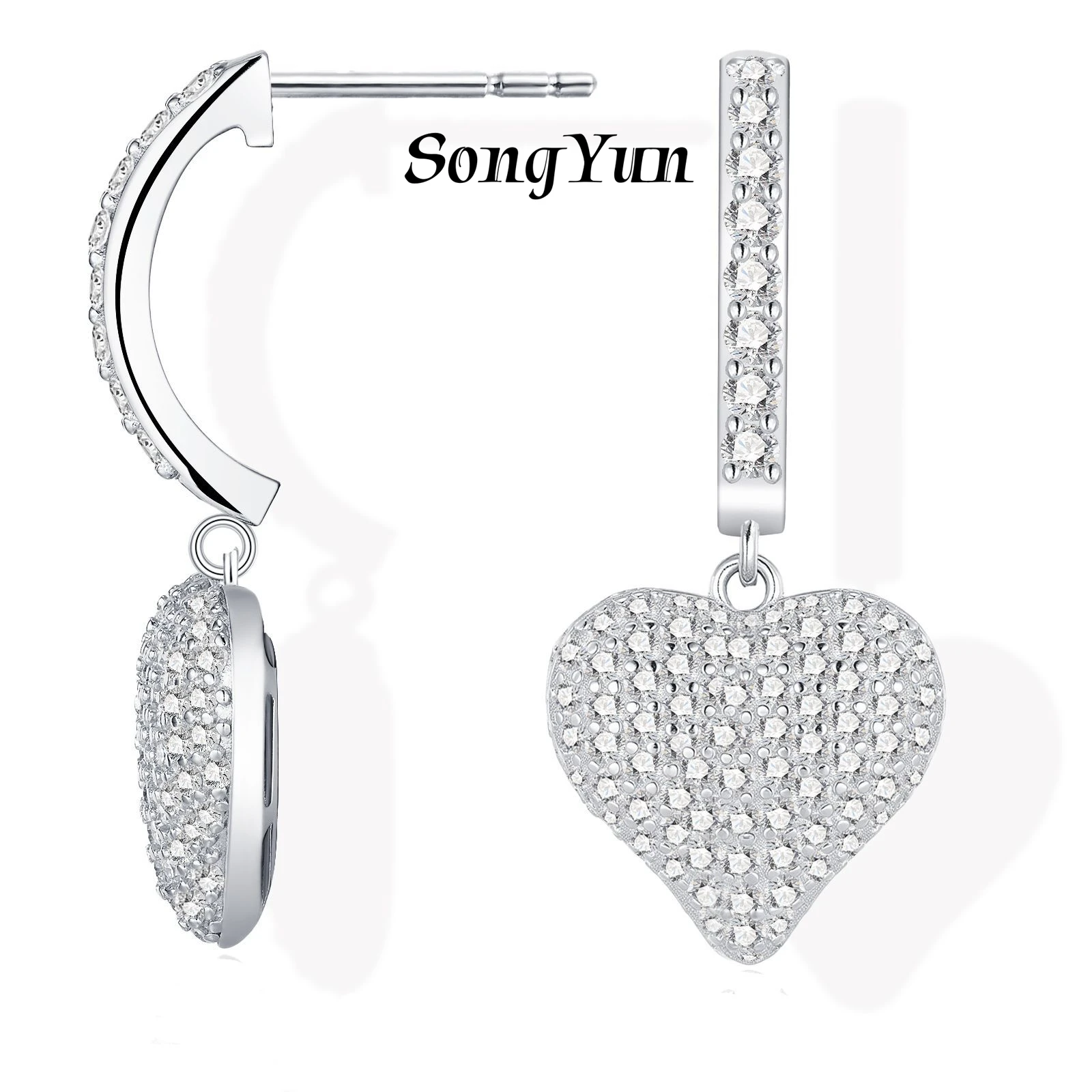 

SONGYUN Luxury Jewelry 925 Sterling Silver Earrings Moissanite Diamond Stud Drop Heart Earrings For Women Rhodium Plated