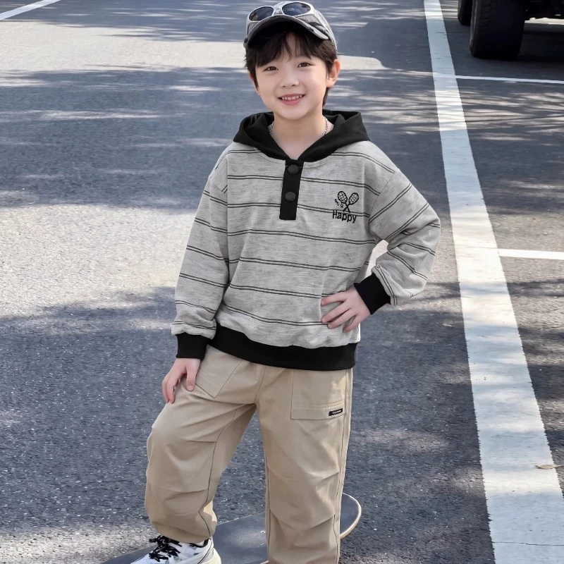 1-8 Years Boys Striped Hooded Sweatshirt Spring Autumn Kids Letter Embroidery Color Blocking Casual Pullover Top