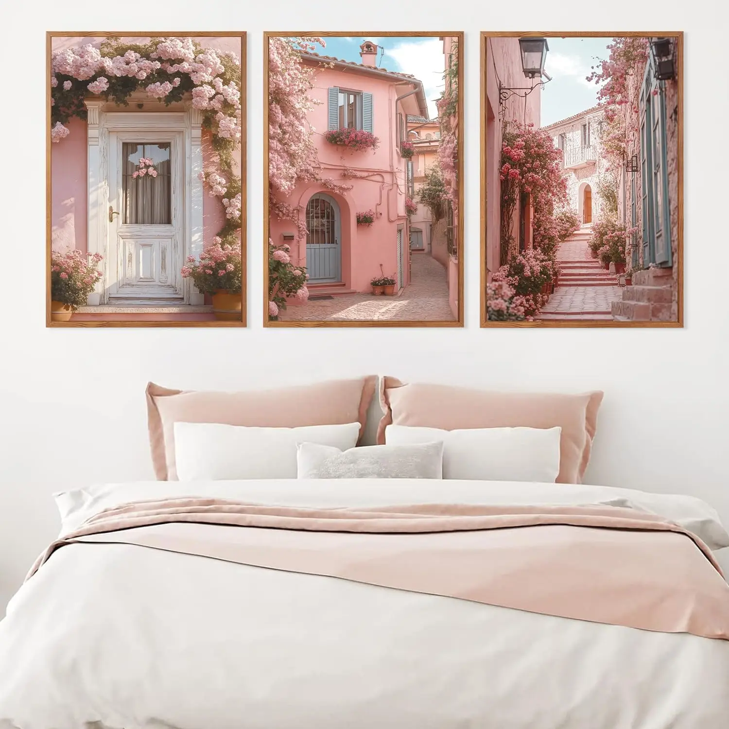3PCS frameless decorative art print,3pcs Retro Italian Urban Landscape Canvas Wall Art Pink Flower Street Romantic House Wall De