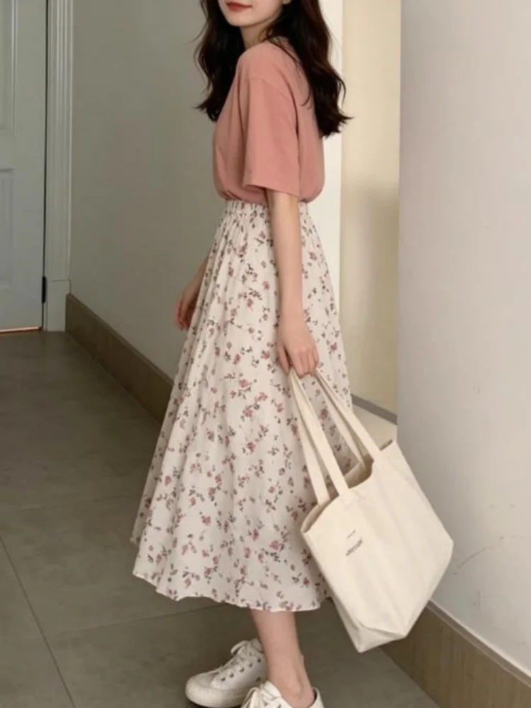 Vintage Floral Print A-line Pleated Long Skirts Summer Women 2026 Korean Skirt Streetwear Drawstring Elastic Waist Midi Skirt