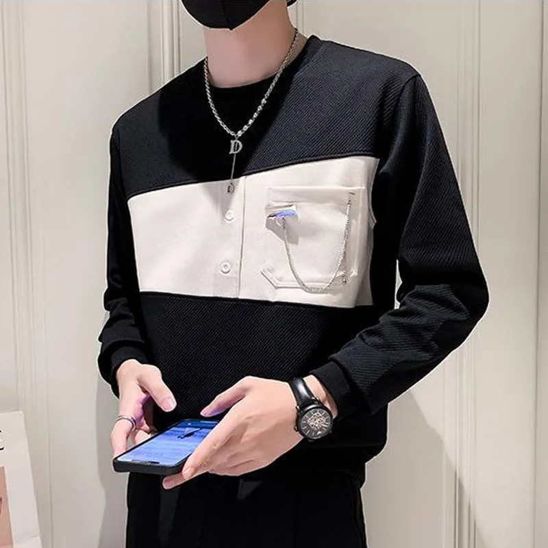 Spring and Autumn Fashion Trend Patchwork Color Contrast Round Neck Versatile Loose Casual Age Reducing Men\'s Long Sleeved Sweat