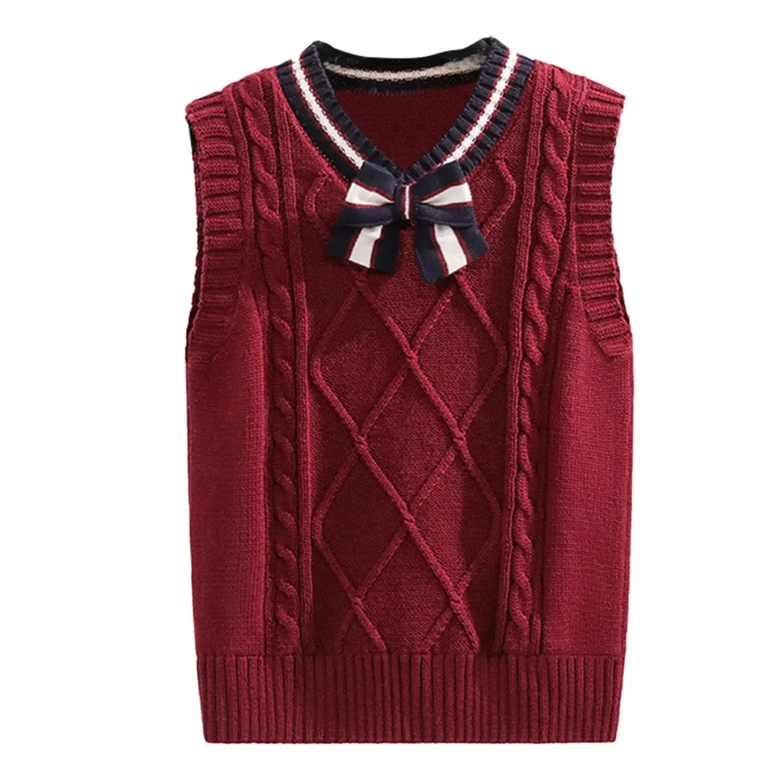 Kids Girls School Uniform Twisted Knitted Vest V Neck Sleeveless Sweater Japanese Style Outerwear Y2K Autumn Pullover Tops