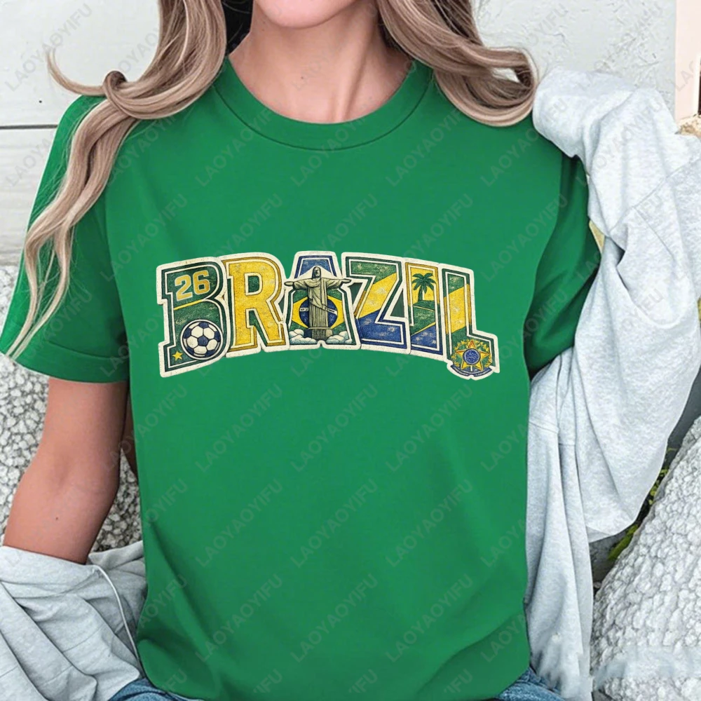 

Vintage Brazil 26 Soccer Part Supplies T Shirt Cotton Casual Football Fan Graphic Tee Funny Christ The Redeemer Breathable Top
