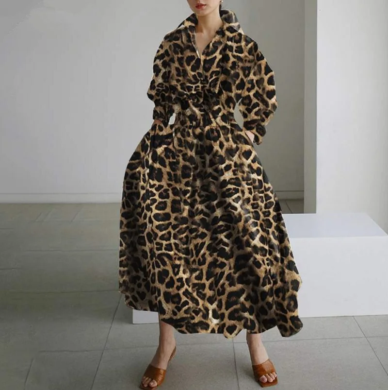 Cotton And Linen Leopard Print Shirt Dress Women Loose Solid A-Line Cardigan Long Dress Pockets Elegant Casual Oversized