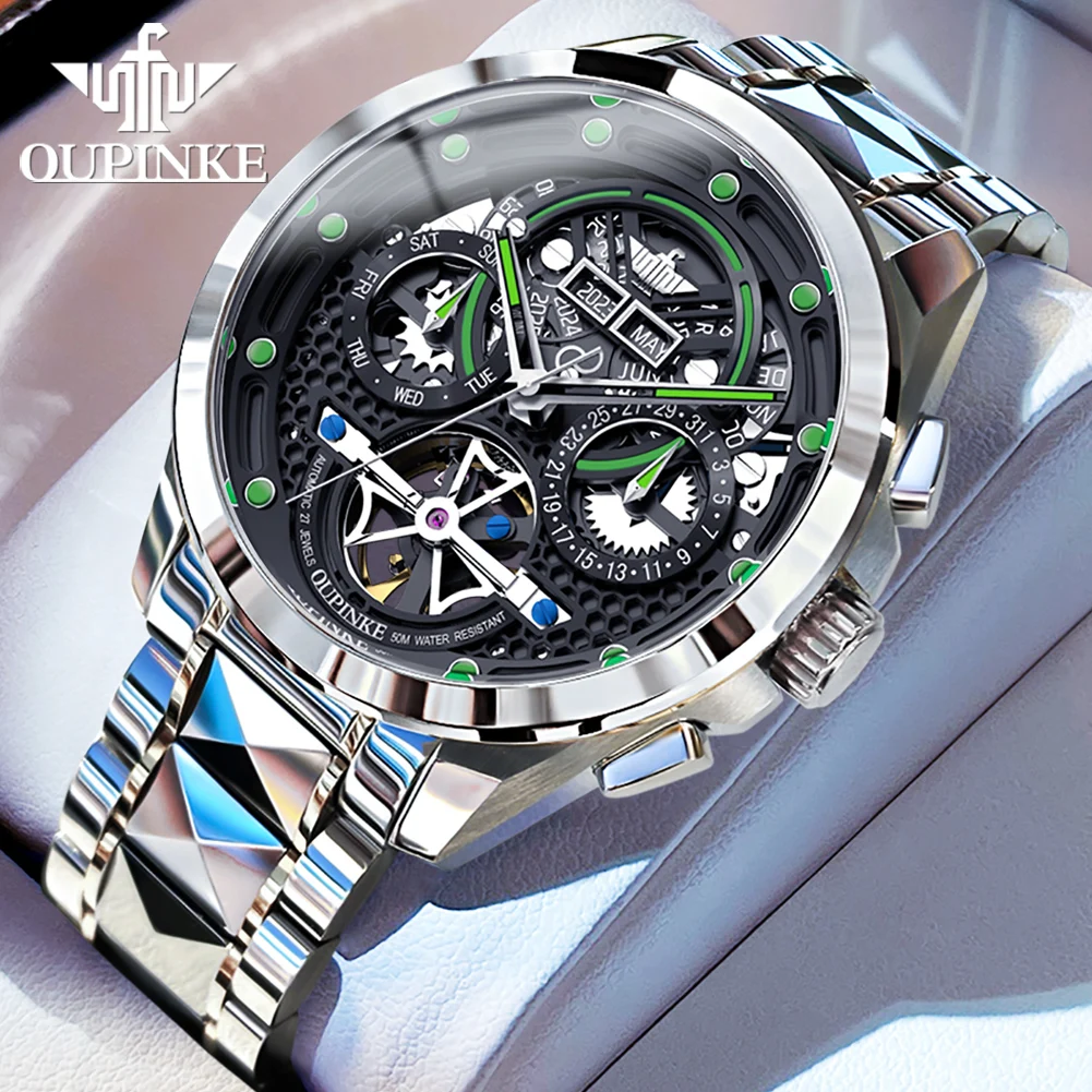 OUPINKE Men Watch Tungsten Steel Strip Waterproof Luminous Fully Automatic Mechanical Watch for Male Multifunctional Skeleton