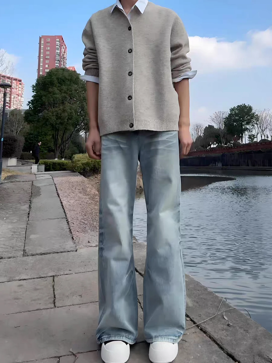 

Blue Waed Denim Jeans Men's Spring American High Street Vibe Flared Slim Straight Knife Jeans