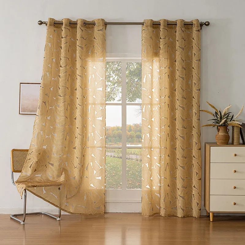 Leaf Jacquard Semi-Shading Curtains European Soft Solid Color Sheer Tulle Window Screen Privacy Protects Bedroom Home Decoration