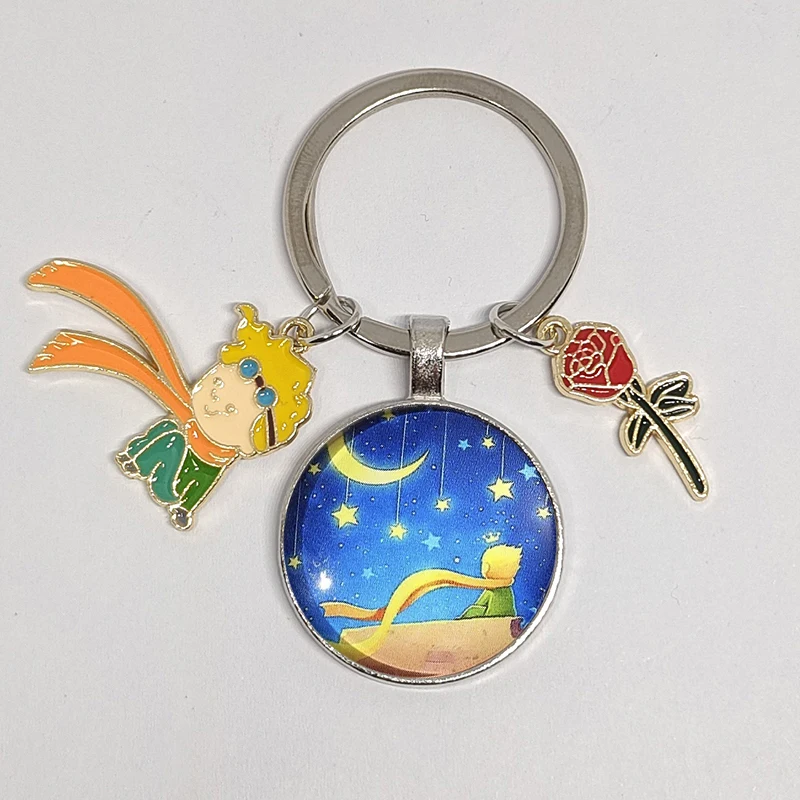 New Little Prince Fox Keychain Starry Sky Back Metal Rose Keyring Pendant Creative Gift Hang Bag