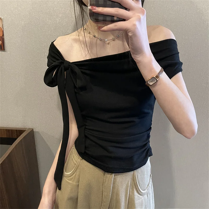 Kimotimo Off Shoulder Bandage Y2k T-shirts Women Summer Sexy Slim Waist Crop Top Korean Temperament Solid All Match Tee Clothes