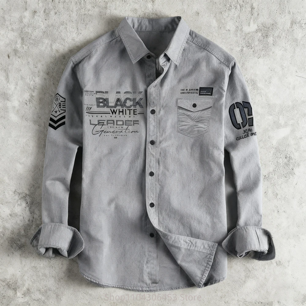 

2025 Мужская рубашка в стиле ретро с простым буквенным 3D-принтом и длинным рукавом с лацканами и карманом, 10 цветов, деловая повседневная модная верхняя рубашка