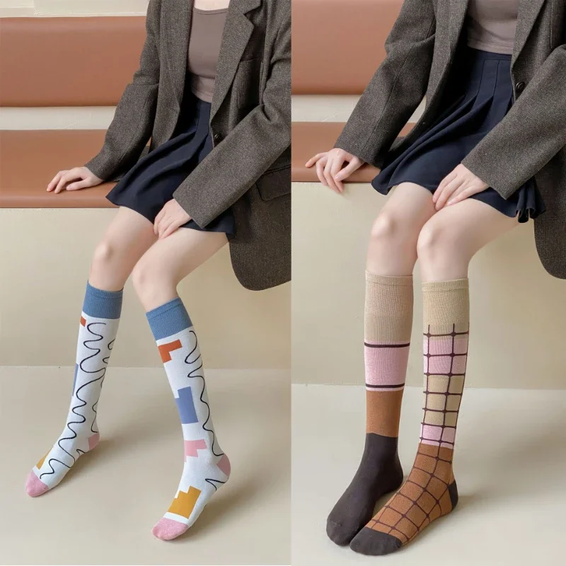 ins pure cotton alphabet rhombus over the knee socks Korean version of cotton socks fashion trend socks